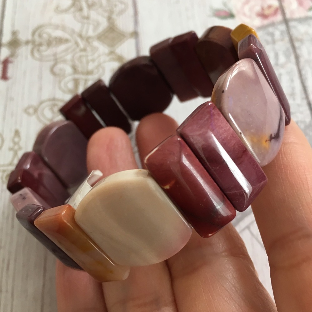 Multi color carved & faceted mookaite jasper stretchy bracelet bangle